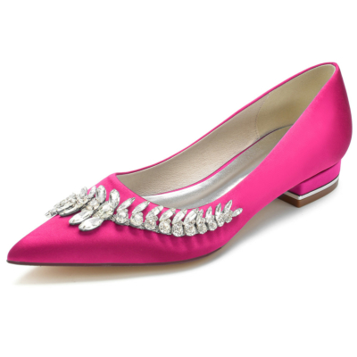Magenta Pointed Toe Satin Bridal Flats Shoes with Jewelled Embellishments