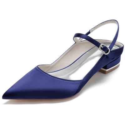 Navy Pointed Toe Satin Flats Ankle Strap Buckle Backless Flat Shoes