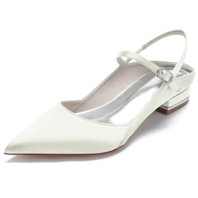 Ivory Pointed Toe Satin Flats Ankle Strap Buckle Backless Flat Shoes