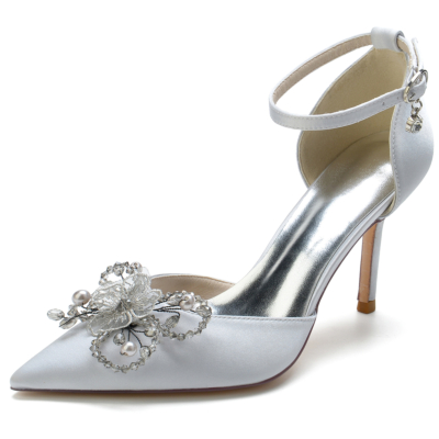 Silver Pointed Toe Stiletto Heel Beads Flowers Ankle Strap Heel Wedding Shoes