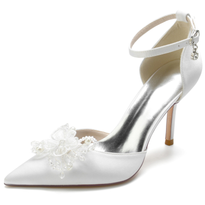 White Pointed Toe Stiletto Heel Beads Flowers Ankle Strap Heel Wedding Shoes