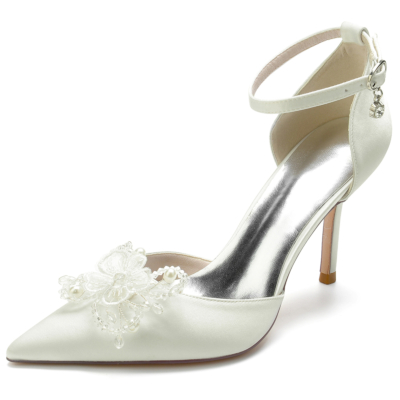 Ivory Pointed Toe Stiletto Heel Beads Flowers Ankle Strap Heel Wedding Shoes