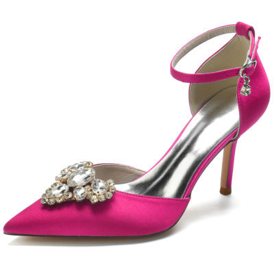 Pink Pointed Toe Stiletto Rhinestone Ankle Strap Heels Pumps for Wedding