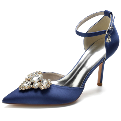 Navy Pointed Toe Stiletto Rhinestone Ankle Strap Heels Pumps for Wedding