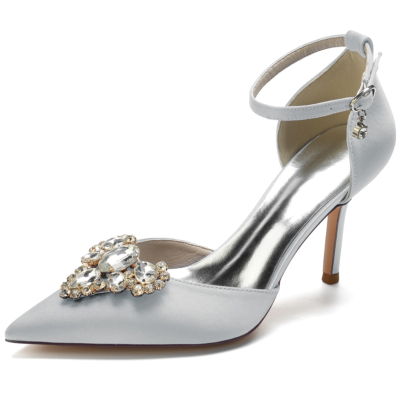 Silver Pointed Toe Stiletto Rhinestone Ankle Strap Heels Pumps for Wedding