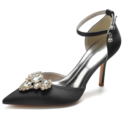 Black Pointed Toe Stiletto Rhinestone Ankle Strap Heels Pumps for Wedding