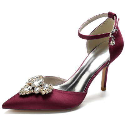 Maroon Pointed Toe Stiletto Rhinestone Ankle Strap Heels Pumps for Wedding