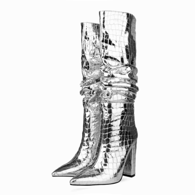 Silver Pointy Toe Crocodile-Print Block Heel Metallic Knee High Boots