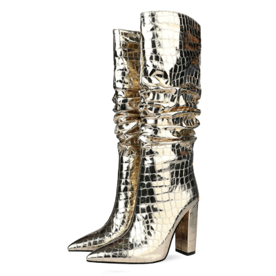 Pointy Toe Crocodile-Print Block Heel Metallic Knee High Boots