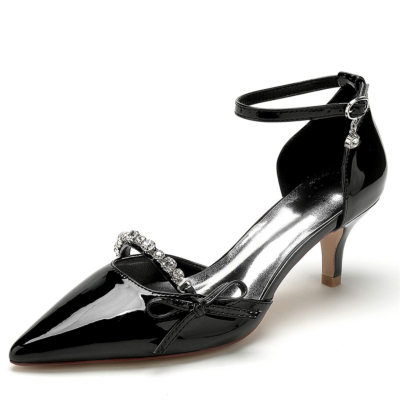 Black Pointy Toe Slip On D'orsay Pumps Kitten Heels with Bow Jewelled Strap