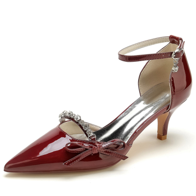 Burgundy Pointy Toe Slip On D'orsay Pumps Kitten Heels with Bow Jewelled Strap