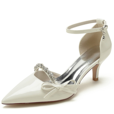 Beige Pointy Toe Slip On D'orsay Pumps Kitten Heels with Bow Jewelled Strap