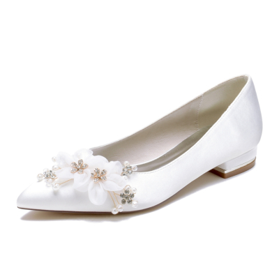 White Ponited Toe Flat Lace Flowers Wedding Shoes