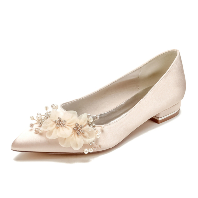 Champange Ponited Toe Flat Lace Flowers Wedding Shoes