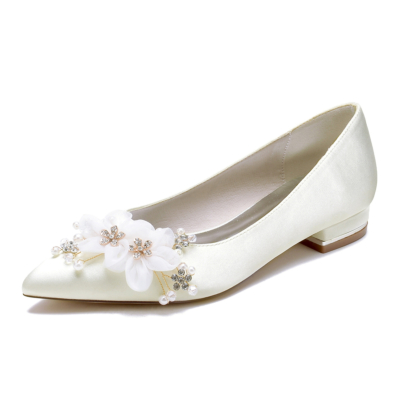Ivory Ponited Toe Flat Lace Flowers Wedding Shoes