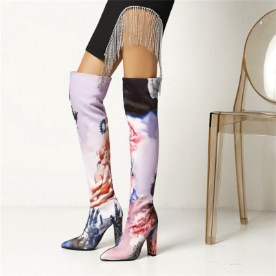 Purple Flower Printed Block Heel Pull On Knee High Boots Stretch Boots With Pointy Toe