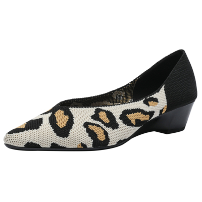 Leopard Printed Pumps Wedges Pointed Toe Comfy Low Heels Women's Shoes
