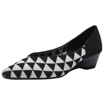Plaid Printed Pumps Wedges Pointed Toe Comfy Low Heels Women's Shoes