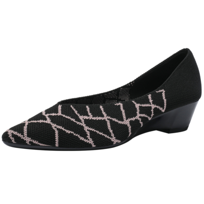 Black Prints Pumps Wedges Pointed Toe Comfy Low Heels Women's Shoes