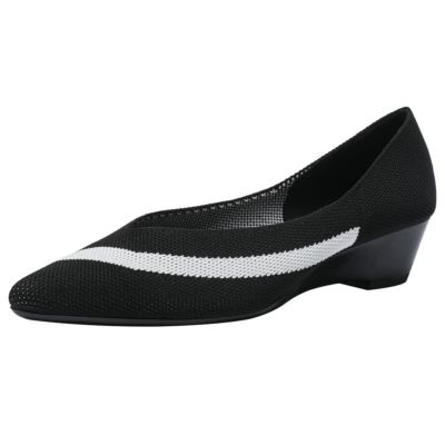 Black Stripe Printed Pumps Wedges Pointed Toe Comfy Low Heels Women's Shoes