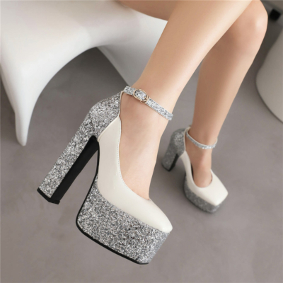 White PU&Glitter Square Toe Platform Pumps Block Heels Dance Shoes