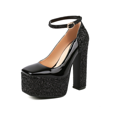 Black PU&Glitter Square Toe Platform Pumps Block Heels Dance Shoes
