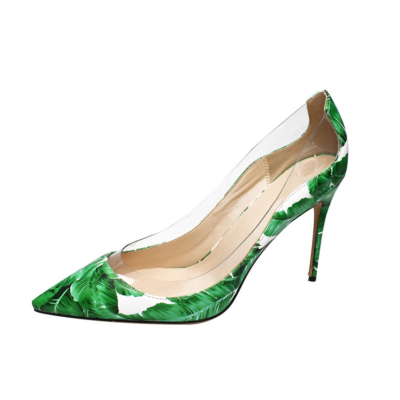 Green PU Leather and Clear Ladies Shoes Pointy Toe Transparent Pump 4 inch Stiletto Heels