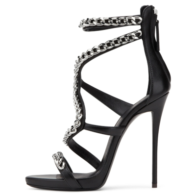 Black PU Chain Wrap Sandals 5 inch Heels with Back Zipper