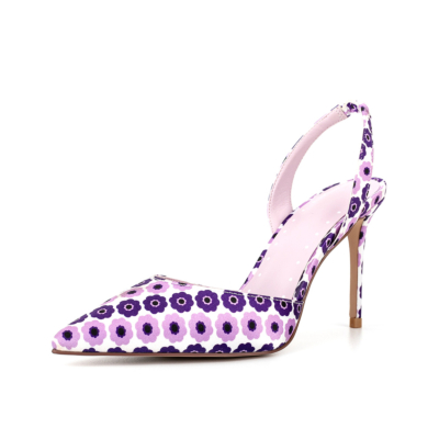 Purple Flowers Printed Pointed Toe Stilettos Slingback Heel Sandals