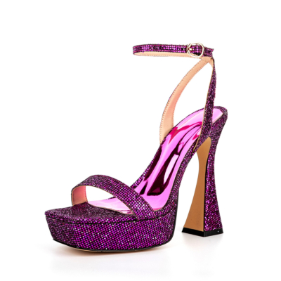 Purple Glitter Spool Heel Platform Sandals Square Toe Ankle Strap High Heels