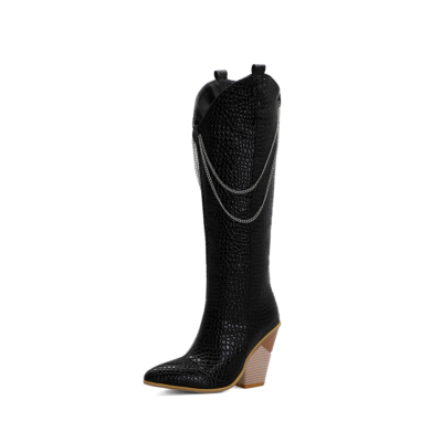 Black Snake-effect Heeled Chain Cowgirl Boots Knee High Boots