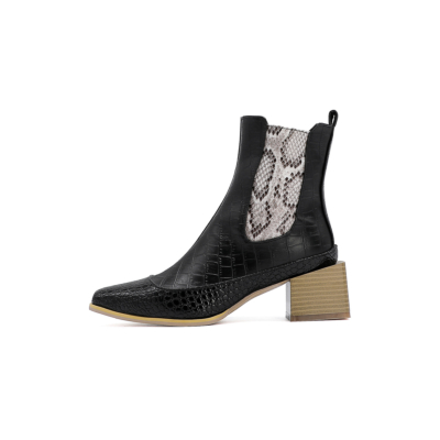 Black Python Effect Ankle Booties Square Toe Chelsea Boots