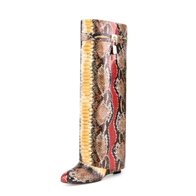 Brown Python Embossed Boots Animal Printed Knee High Boots Wedges Heels
