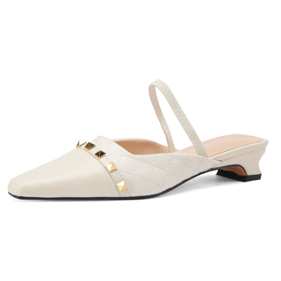 White Quiled Mary Janes Flats Leather Rivets Mules with Closed Toe