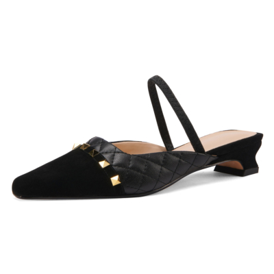 Black Quiled Mary Janes Flats Leather Rivets Mules with Closed Toe