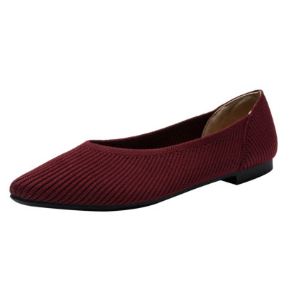 Burgundy Quilted V Vamp Flat Shoes Comfortable Slip on Women's Flats
