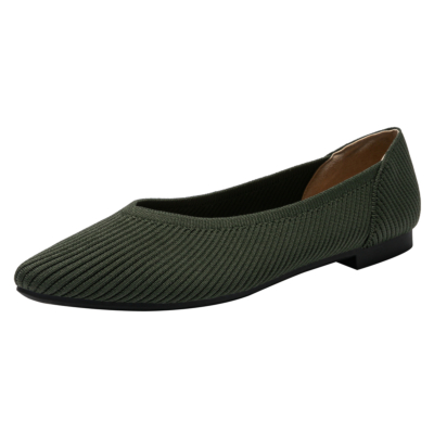 Olive Green Quilted V Vamp Flat Shoes Comfortable Slip on Women's Flats
