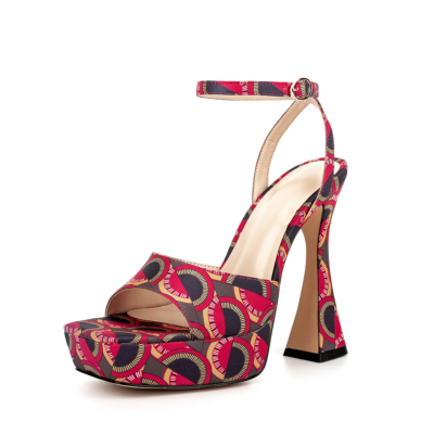 Red Pattern Platform Sandals Spool Heel Square Toe Ankle Strap Party Shoes