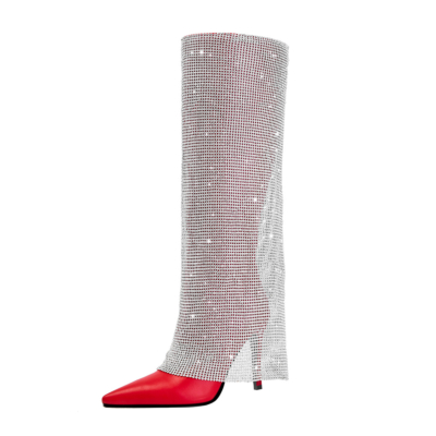 Red Pointed Toe Stiletto Rhinestone Fold-over Knee-high Booties