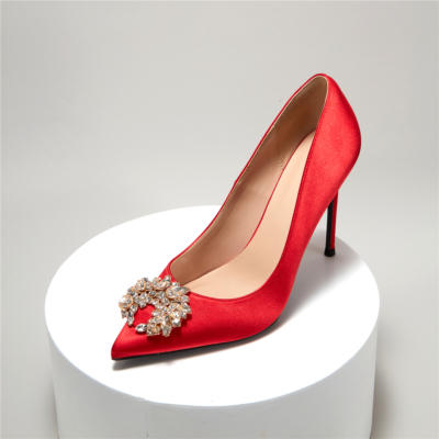 Red Satin Crystals Buckle Pointy Toe Stiletto Ladies Wedding Shoes Pumps