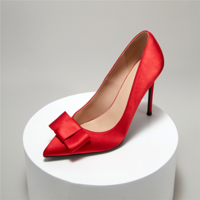 Red Satin Bridal Bow Pointy Toe Stiletto Ladies Wedding Shoes Pumps
