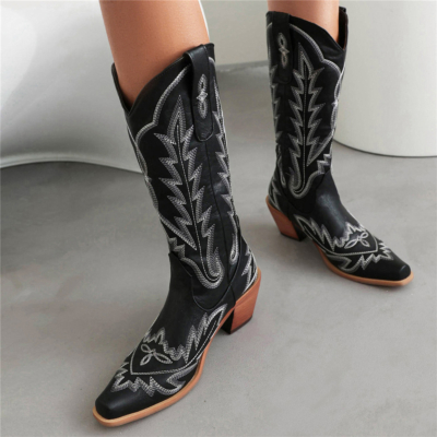 Black Retro Cowboy Boots Square Toe Block Heel Prints Knee High Boots