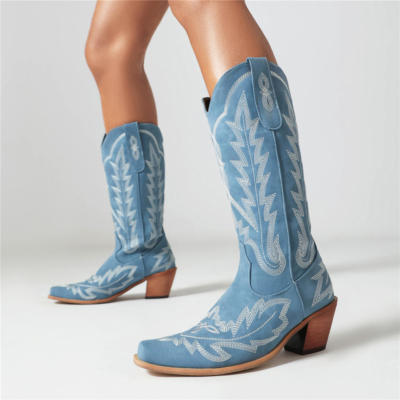 Blue Retro Cowboy Boots Square Toe Block Heel Prints Knee High Boots