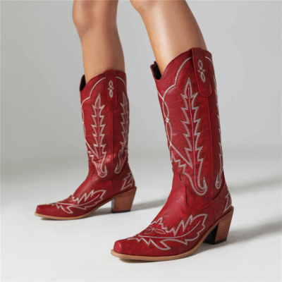 Burgundy Retro Cowboy Boots Square Toe Block Heel Prints Knee High Boots