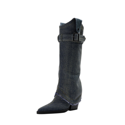 Dark Blue Retro Denim Fold over Cowboy Boots Pointed Toe Block Heel Knee High Boots
