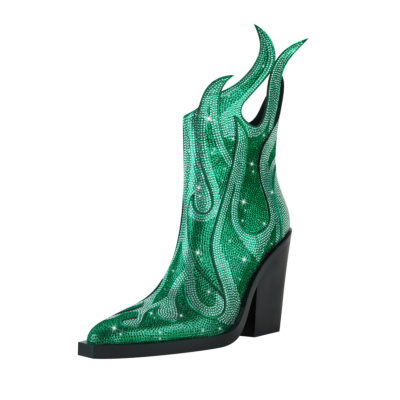 Green Rhinestone Ankle Boots Irregular Jeweled Chunky Heel Chelsea Boots For Party