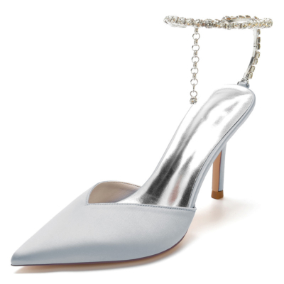 Grey Rhinestone Ankle Chain Heeled Mules Embellishment Satin Stiletto High Heels