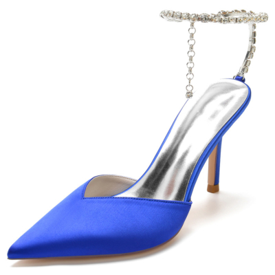 Royal Blue Rhinestone Ankle Chain Heeled Mules Embellishment Satin Stiletto High Heels