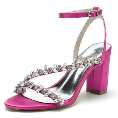 Magenta Rhinestone Ankle Strap Open Then Chunky Heel Evening Sandals