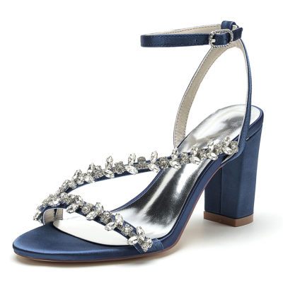 Navy Rhinestone Ankle Strap Open Then Chunky Heel Evening Sandals
